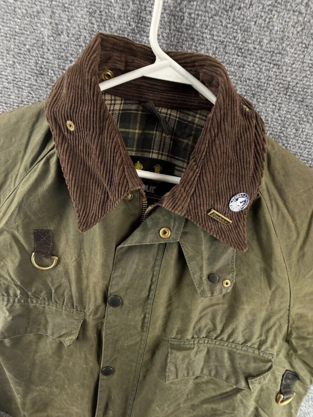 VTG Barbour Spey A130 Waxed Jacket Green Men Fishing Wasting Angler Pin Short - Picture 4 of 16
